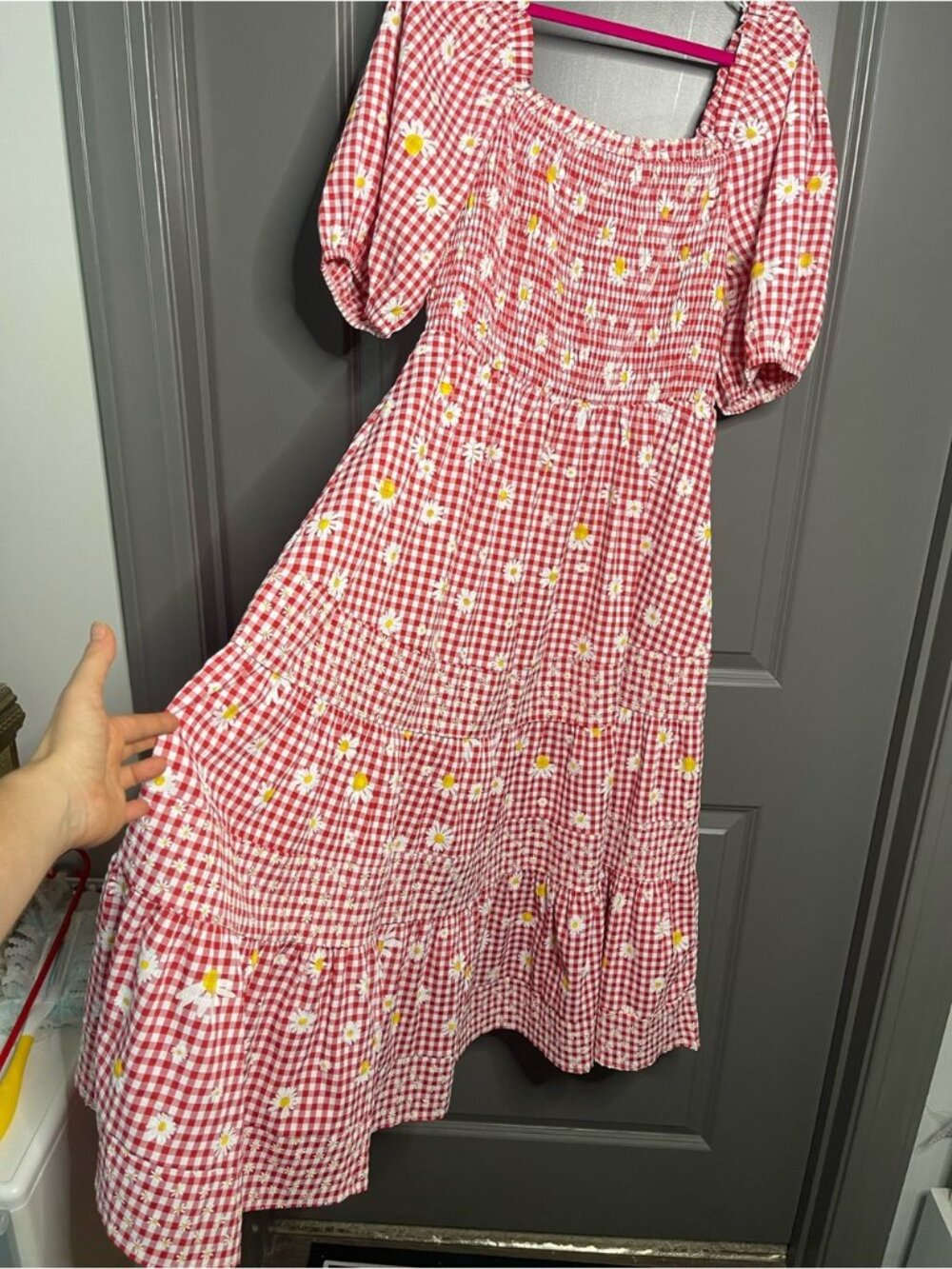 Red Gingham Maxi Dress with Daisy Print - Picture 4 of 6
